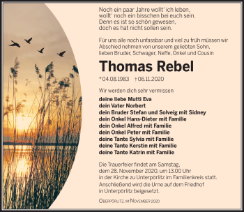 Traueranzeige von Thomas Rebel von Südthüringer Presse