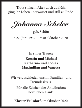 Traueranzeige von Johanna Scheler von Südthüringer Presse