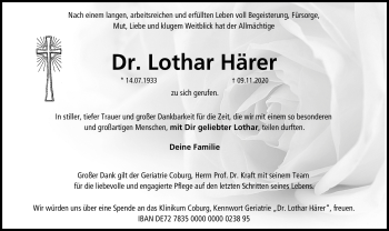 Traueranzeige von Lothar Härer von Neue Presse Coburg