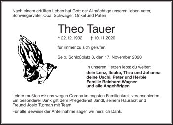 Traueranzeige von Theo Tauer von Frankenpost