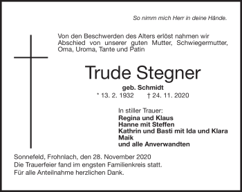Traueranzeige von Trude Stegner von Neue Presse Coburg