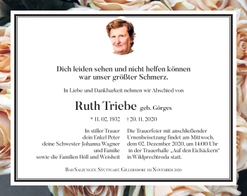 Traueranzeige von Ruth Triebe von Südthüringer Presse