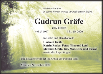 Traueranzeige von Gudrun Gräfe von Südthüringer Presse