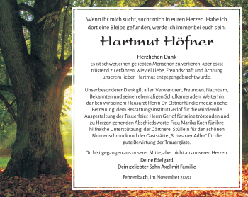 Traueranzeige von Harmut Höfner von Südthüringer Presse