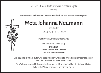 Traueranzeige von Meta Johanna Neumann von Frankenpost