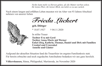 Traueranzeige von Frieda Lückert von Südthüringer Presse