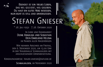 Traueranzeige von Stefan Gnieser von Südthüringer Presse