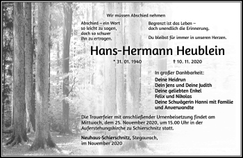 Traueranzeige von Hans-Hermann Heublein von Südthüringer Presse