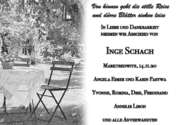 Traueranzeige von Inge Schach von Frankenpost