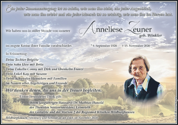 Traueranzeige von Anneliese Zeuner von Südthüringer Presse