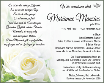Traueranzeige von Marianne Mansius von Südthüringer Presse