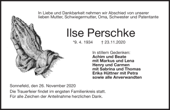 Traueranzeige von Ilse Perschke von Neue Presse Coburg