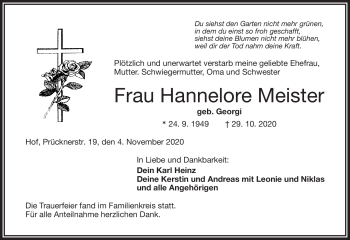 Traueranzeige von Hannelore Meister von Frankenpost