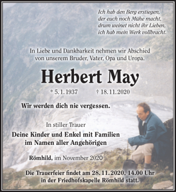 Traueranzeige von Herbert May von Südthüringer Presse