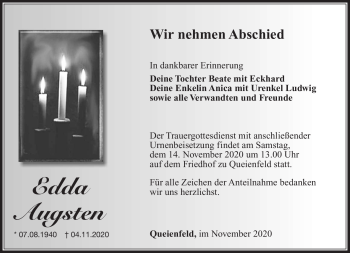 Traueranzeige von Edda Augsten von Südthüringer Presse