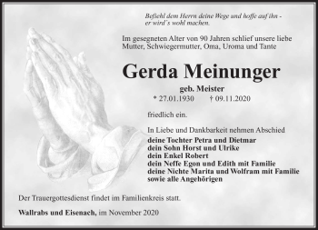 Traueranzeige von Gerda Meinunger von Südthüringer Presse