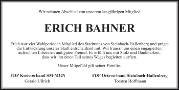 Traueranzeige von Erich Bahner von Südthüringer Presse