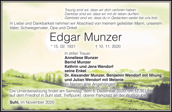 Traueranzeige von Edgar Munzer von Südthüringer Presse