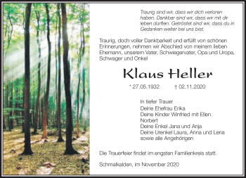 Traueranzeige von Klaus Heller von Südthüringer Presse