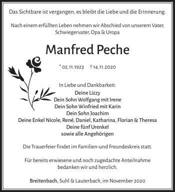 Traueranzeige von Manfred Peche von Südthüringer Presse