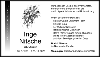 Traueranzeige von Inge Nitsche von Südthüringer Presse