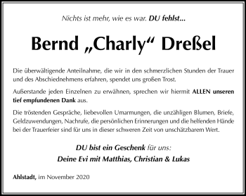 Traueranzeige von Bernd Dreßel von Südthüringer Presse