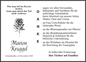 Traueranzeige von Marion Kruggel von Südthüringer Presse
