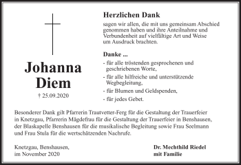 Traueranzeige von Johanna Diem von Südthüringer Presse