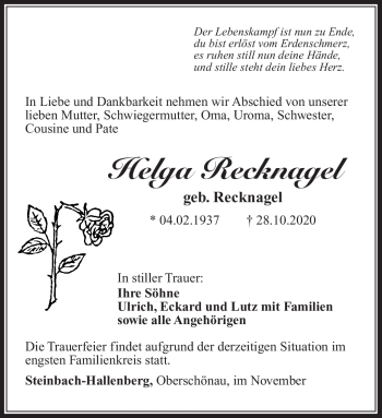 Traueranzeige von Helga Recknagel von Südthüringer Presse
