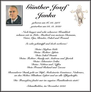 Traueranzeige von Günther Janka von Südthüringer Presse