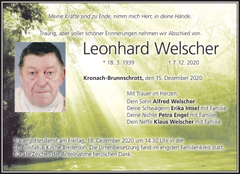 Traueranzeige von Leonhard Welscher von Neue Presse Coburg