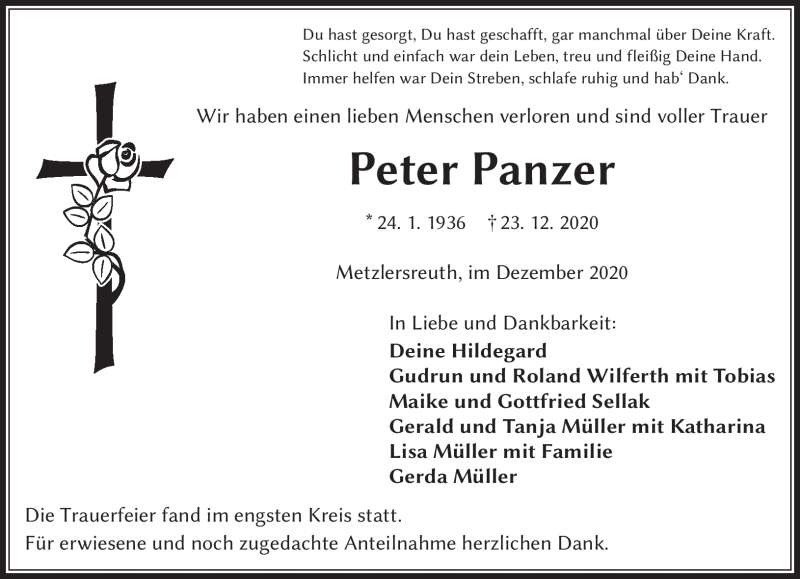  Traueranzeige für Peter Panzer vom 29.12.2020 aus Frankenpost