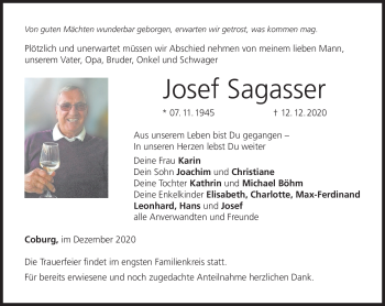 Traueranzeige von Josef Sagasser von Neue Presse Coburg