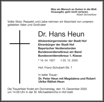 Traueranzeige von Dr. Hans Heun von Frankenpost