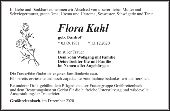 Traueranzeige von Flora Kahl von Südthüringer Presse
