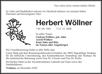 Traueranzeige von Herbert Wöllner von Südthüringer Presse