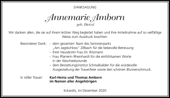 Traueranzeige von Annemarie Amborn von Südthüringer Presse
