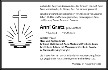 Traueranzeige von Anni Gratz von Südthüringer Presse