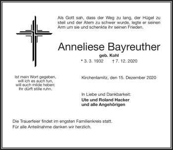 Traueranzeige von Anneliese Bayreuther von Frankenpost