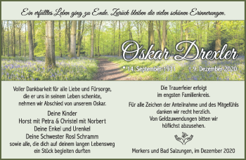 Traueranzeige von Oskar Drexler von Südthüringer Presse
