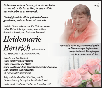 Traueranzeige von Heidemarie Hertrich von Südthüringer Presse