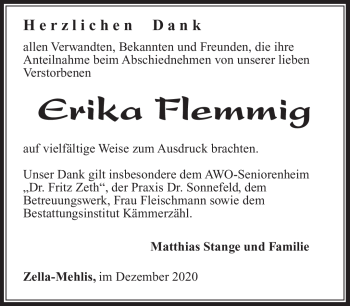 Traueranzeige von Erika Flemmig von Südthüringer Presse