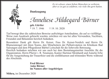 Traueranzeige von Anneliese Hildegard Börner von Südthüringer Presse