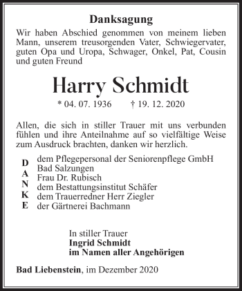 Traueranzeige von Harry Schmidt von Südthüringer Presse