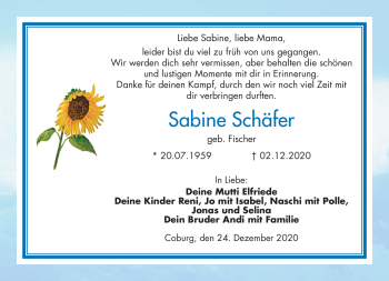 Traueranzeige von Sabine Schäfer von Neue Presse Coburg