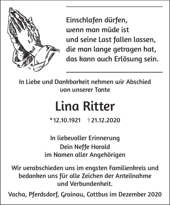 Traueranzeige von Lina Ritter von Südthüringer Presse
