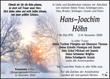 Traueranzeige von Hans-Joachim Höhn von Südthüringer Presse