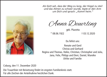 Traueranzeige von Anna Deuerling von Neue Presse Coburg