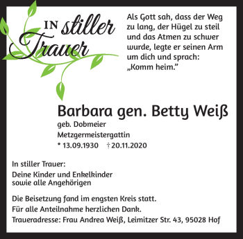 Traueranzeige von Barbara Weiß von Frankenpost