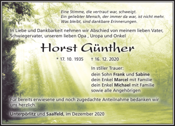 Traueranzeige von Horst Günther von Südthüringer Presse